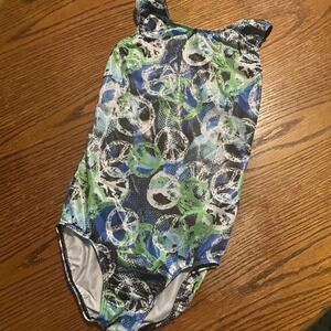 Girls Gymnastics Leotard Peace Sign Print Blue Green Sz 12A Dance Wear